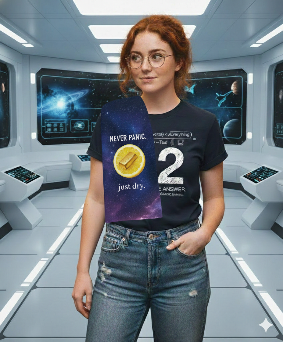 "Never Panic" Cosmic Kitchen Towel – Deep Space Edition