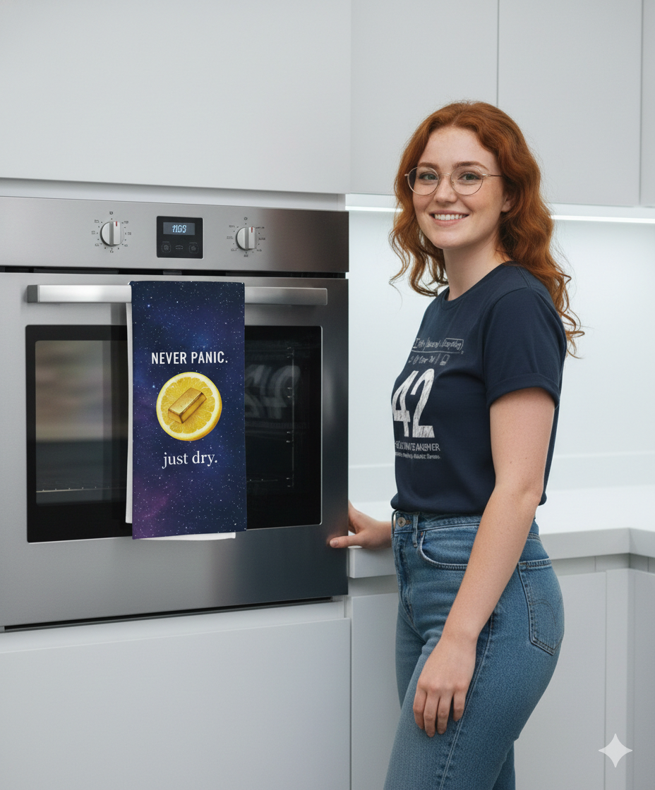 "Never Panic" Cosmic Kitchen Towel – Deep Space Edition