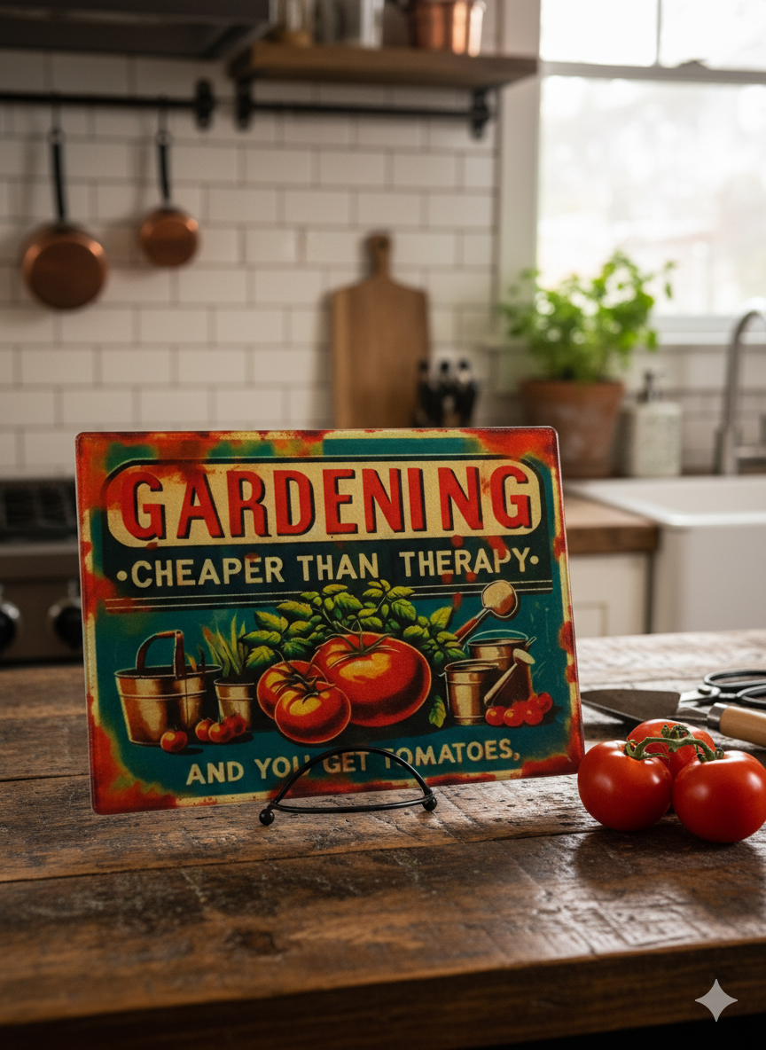 Gardening: Cheaper Than Therapy" Vintage-Style Cutting Board