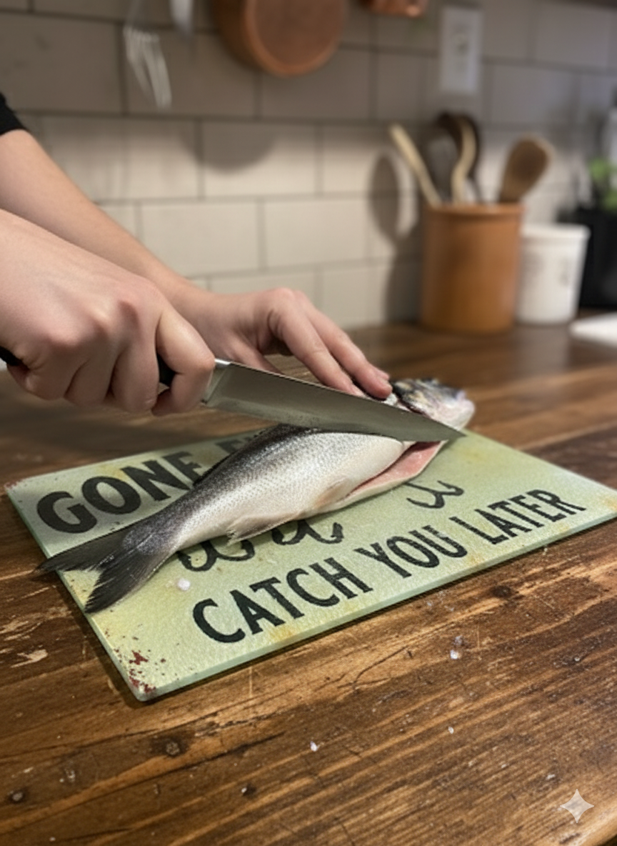 The "Gone Fishing" Rustic Tempered Glass Cutting Board