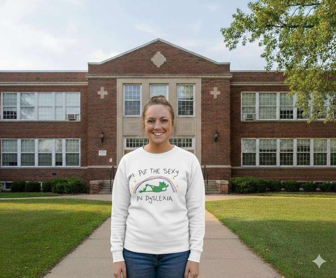 Person wearing a white sweatshirt with text and graphics, standing in front of a brick building.
