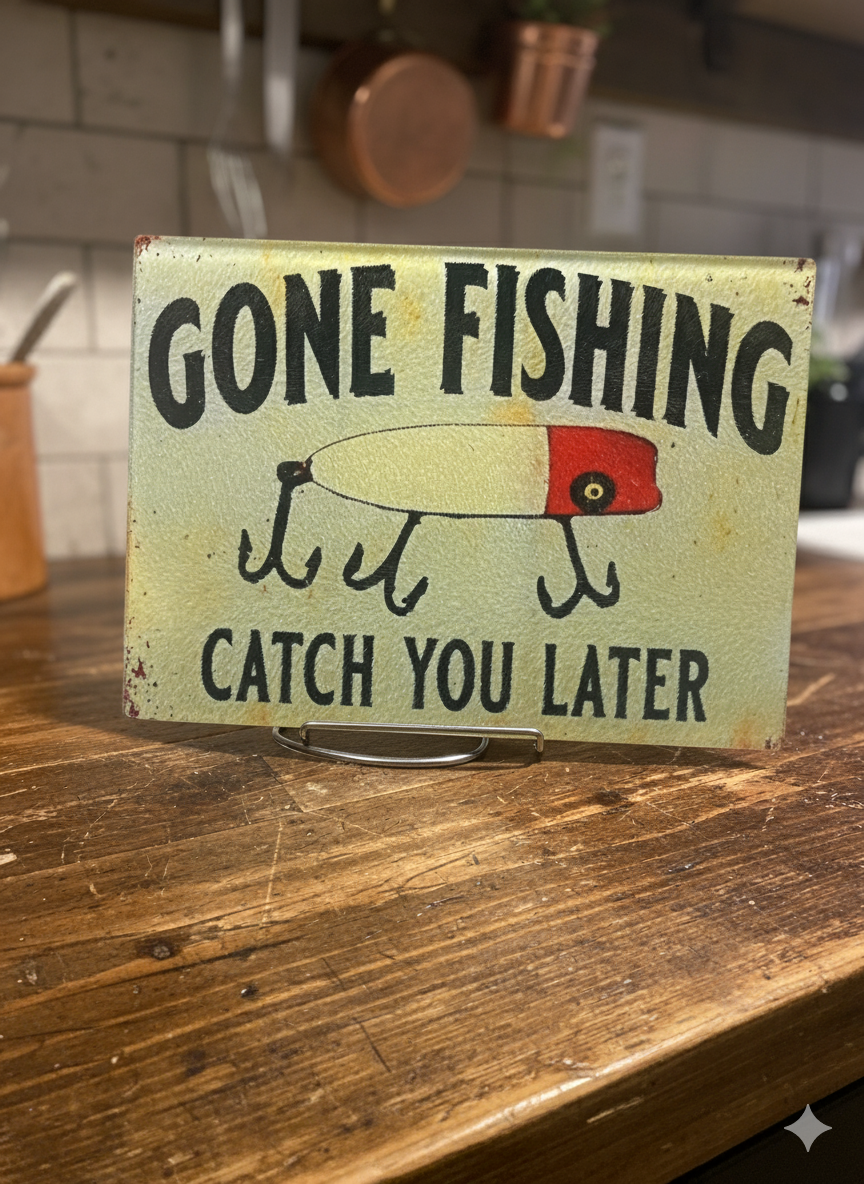 The "Gone Fishing" Rustic Tempered Glass Cutting Board