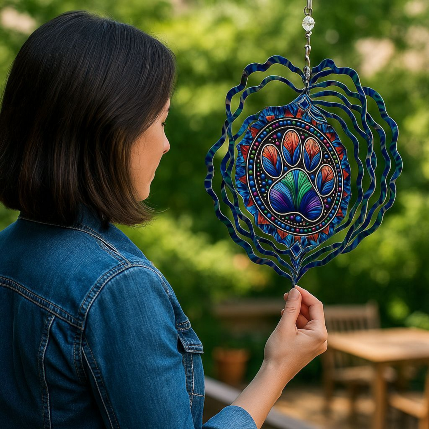 A person holding a metal wind spinner with a paw print design and vibrant colors.