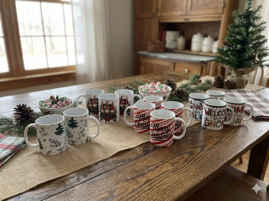 Collection of Christmas-themed mugs on a wooden table with a festive background.
