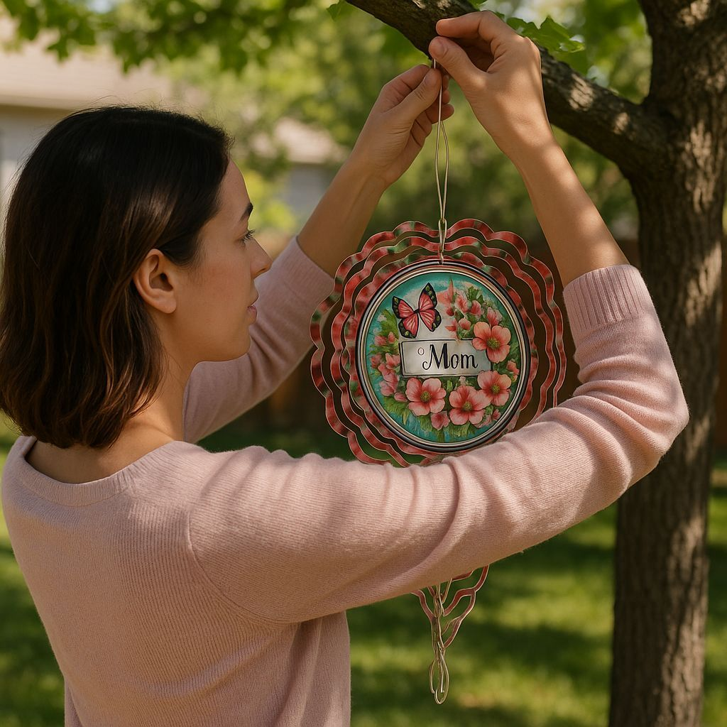 A person hanging a pink flower-themed metal wind spinner with the word 'Mom' in the center, on a tree.