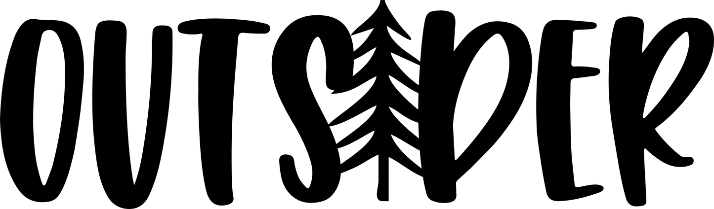Black 'OUTSIDER' text with a tree design on a white background