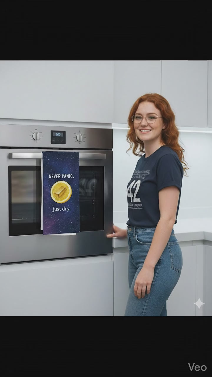 "Never Panic" Cosmic Kitchen Towel – Deep Space Edition