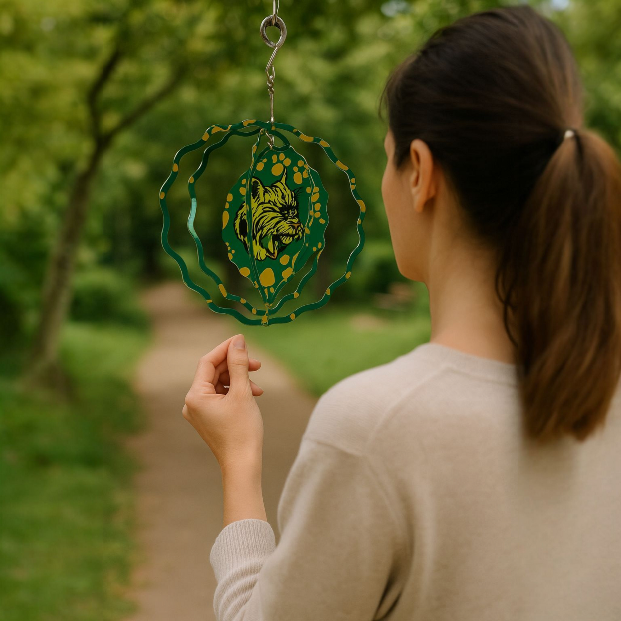 A person standing in an outdoor setting holding a green metal wind spinner with Florence Bobcat logo pattern.