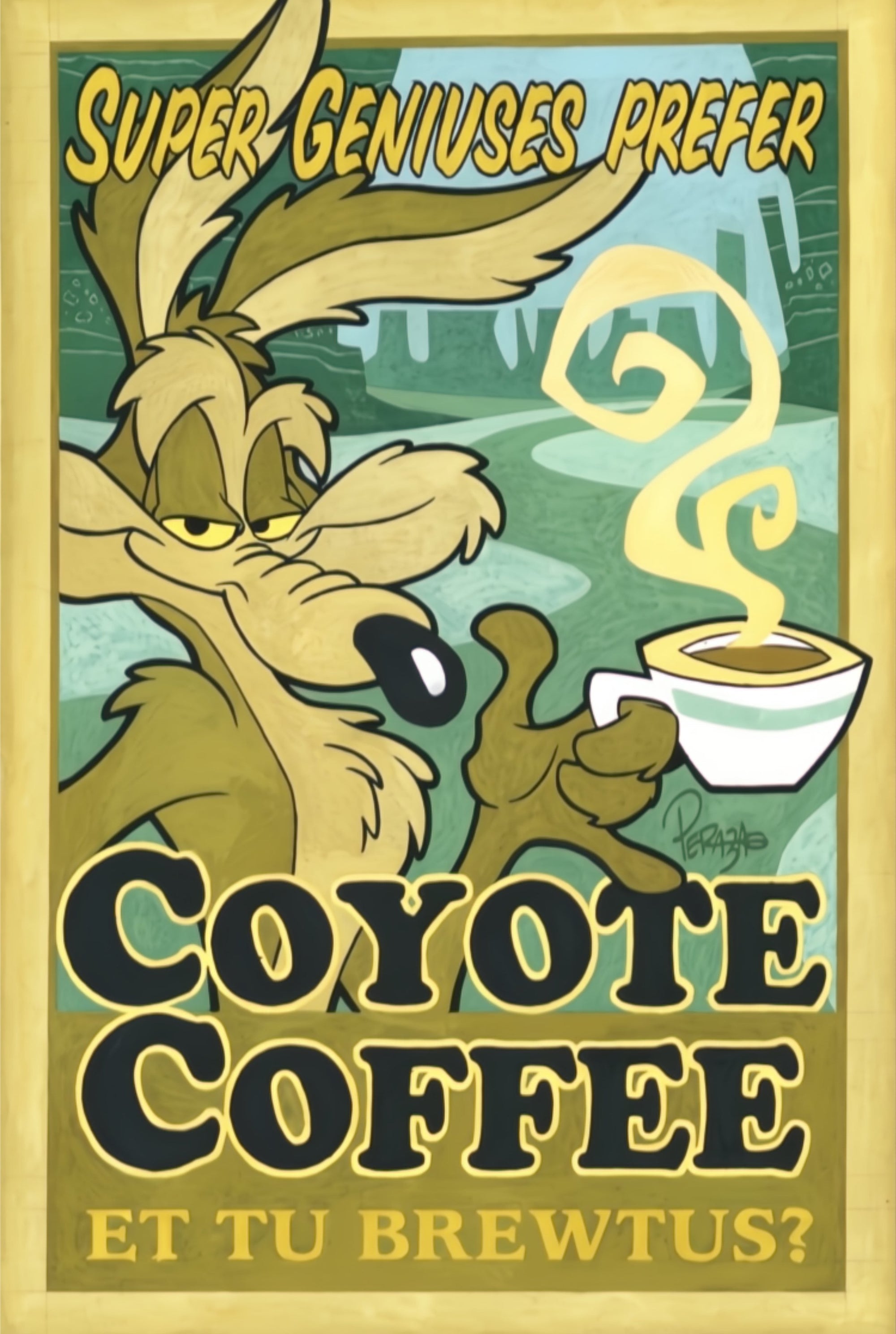 Cartoon coyote with coffee cup and text 'Coyote Coffee' on a green background