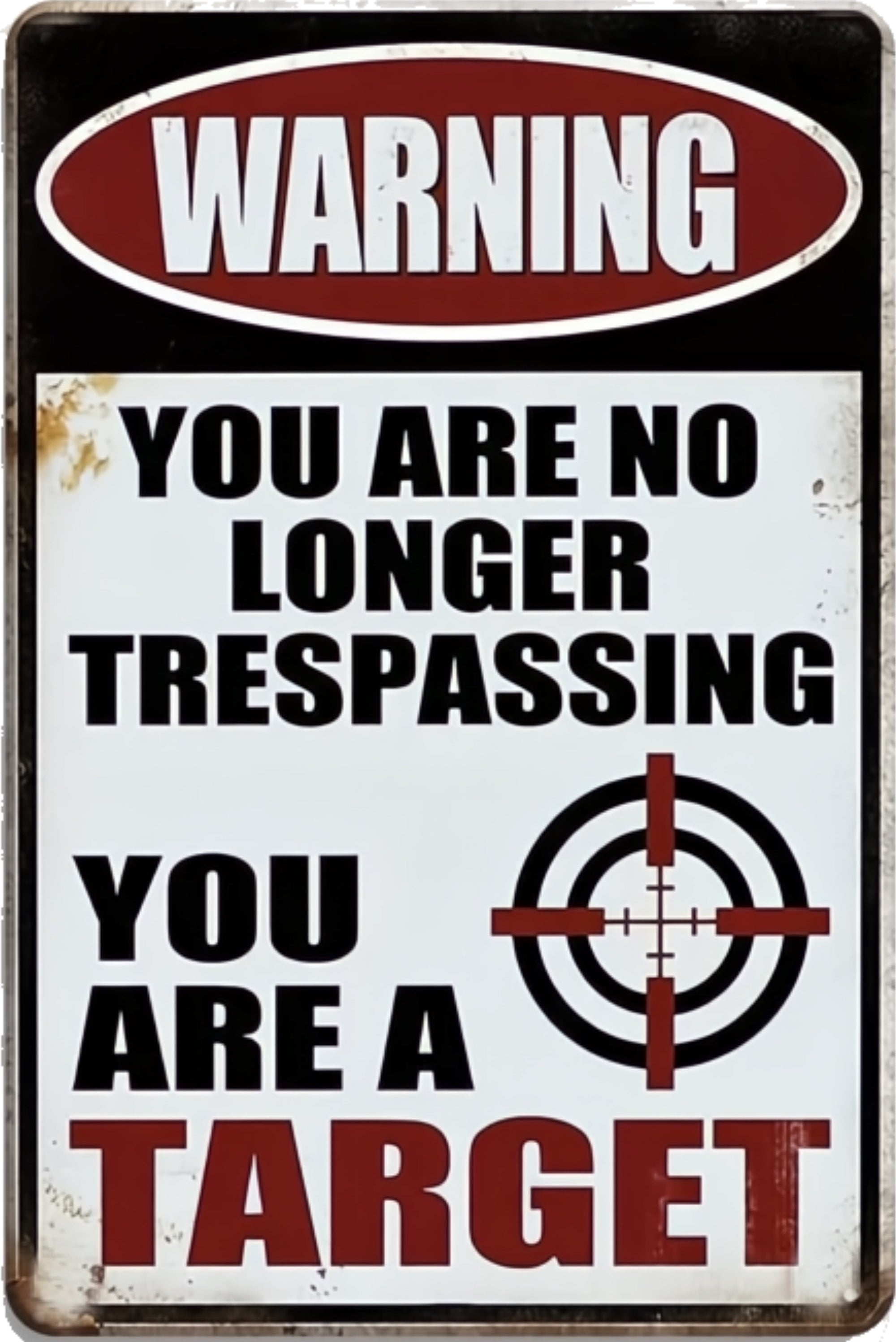 Vintage-style warning sign with text and target symbol on a white background